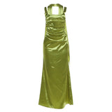 Green Satin Maxi Dress with Ribbon – Sleeveless Ruched Bodycon Silky Evening Party Dress