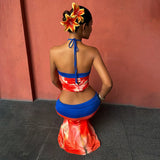 Floral Print Halter Crop Top & Maxi Skirt Set – Backless 2-Piece Beach Vacation Outfit
