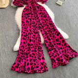 Leopard Print V-Neck Lace-Up Jumpsuit – Short Sleeve Loose Ruffle Romper Playsuit