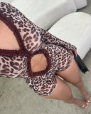 Long Sleeve Leopard Fitness Romper – Cut-Out V-Neck Ruched Short Jumpsuit Sexy Club Wear