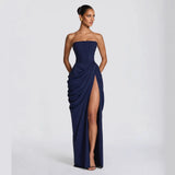 Strapless Draped High Split Maxi Dress – Backless Lace-Up Elegant Party Gown