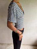 Striped V-Neck T-Shirt – Y2K Slim Fit Short Sleeve Summer Beachwear