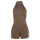 Brown Halter Backless Playsuit – Beaded Chain Butterfly Embroidery Bodycon Y2K Clubwear