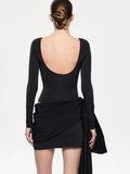 Patchwork Lace-Up Mini Dress – Long Sleeve Hollow Out Club Party Dress