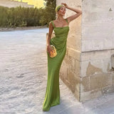 Green Satin Maxi Dress with Ribbon – Sleeveless Ruched Bodycon Silky Evening Party Dress