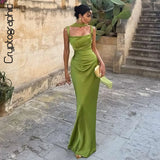 Green Satin Maxi Dress with Ribbon – Sleeveless Ruched Bodycon Silky Evening Party Dress