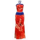 Floral Print Halter Crop Top & Maxi Skirt Set – Backless 2-Piece Beach Vacation Outfit