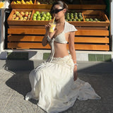 Knitted Crop Top with Flutter Sleeves & Beaded Collar – Lace-Up Tie Side Y2K Vacation Going Out Top
