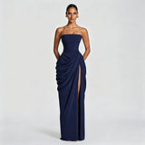 Strapless Draped High Split Maxi Dress – Backless Lace-Up Elegant Party Gown