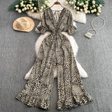 Leopard Print V-Neck Lace-Up Jumpsuit – Short Sleeve Loose Ruffle Romper Playsuit