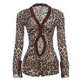 Long Sleeve Leopard Fitness Romper – Cut-Out V-Neck Ruched Short Jumpsuit Sexy Club Wear