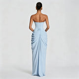 Strapless Draped High Split Maxi Dress – Backless Lace-Up Elegant Party Gown