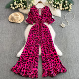 Leopard Print V-Neck Lace-Up Jumpsuit – Short Sleeve Loose Ruffle Romper Playsuit