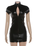 PU Leather Turtleneck Mini Dress – Single-Breasted Short Sleeve Club Party Dress
