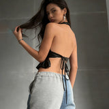 PU Leather Cross Halter Ruffle Backless Crop Top – Y2K Edgy Going Out Clubwear Summer Top