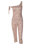 Leopard One Shoulder Cropped Jumpsuit – Slim Fit Sleeveless Casual Summer Romper