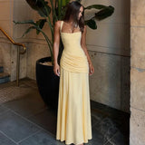 Ruched Fitted Top Flowy Maxi Dress – Backless Lace-Up Sleeveless Elegant Evening Gown